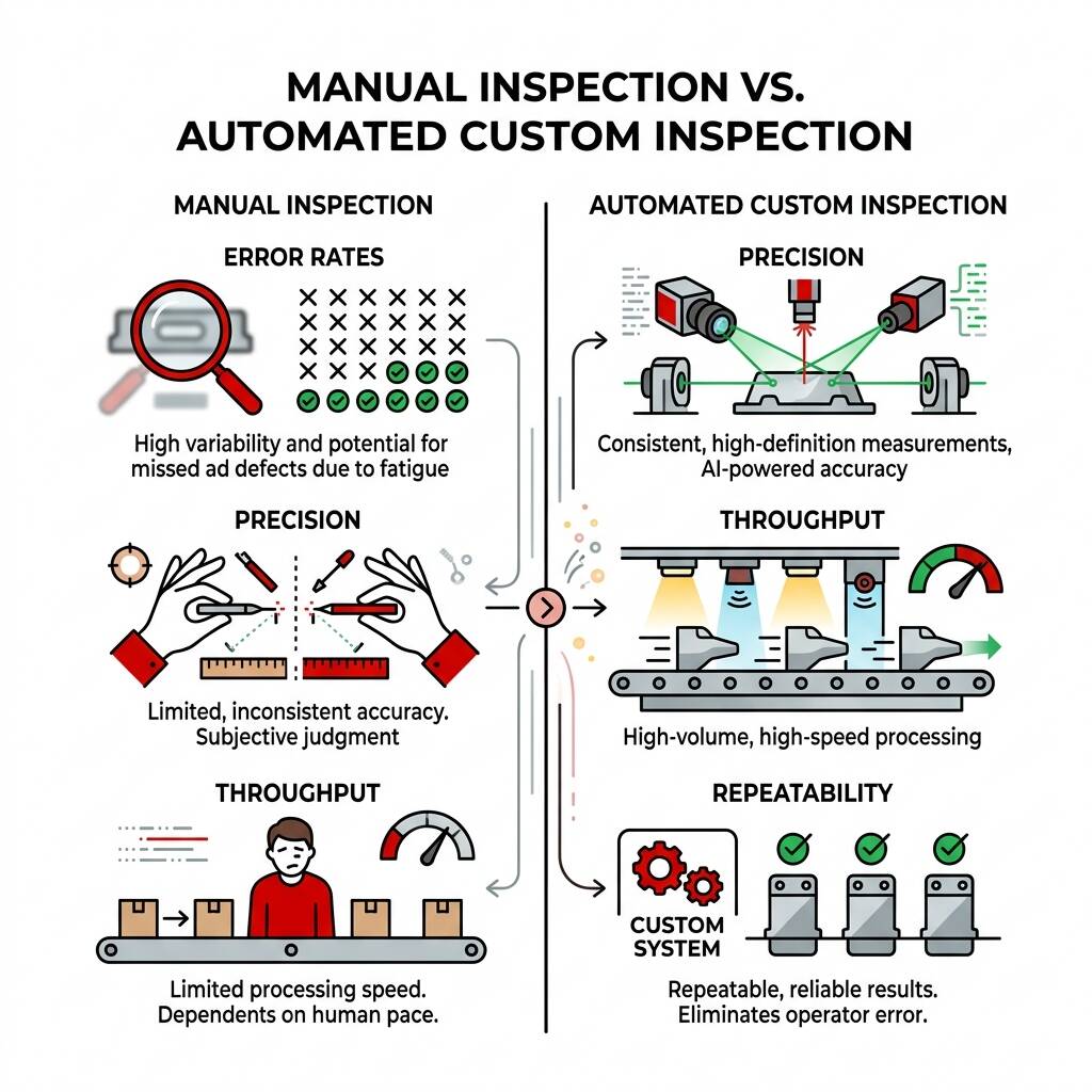 Infographic comparing manual inspection error rates versus automated custom inspection system precision and throughput